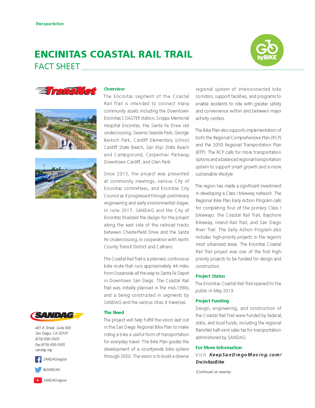 View the Encinitas Coastal Rail Trail Bikeway project fact sheet in English.